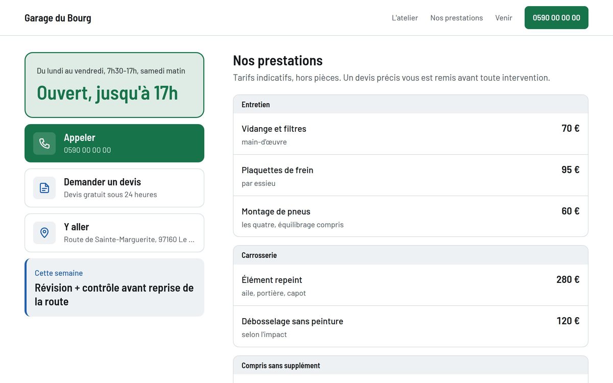 Aperçu du site Garage du Bourg : un panneau « Ouvert » en vert, les boutons pour appeler, demander un devis et s'y rendre, puis la grille des prestations chiffrées